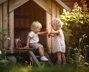 Les enfants jouent dans la maisonnette en bois.
