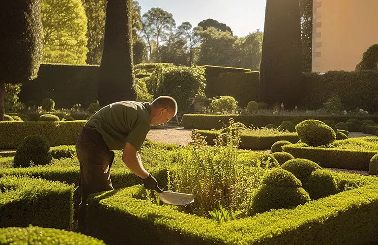 Paysagiste entretient un jardin à la française.