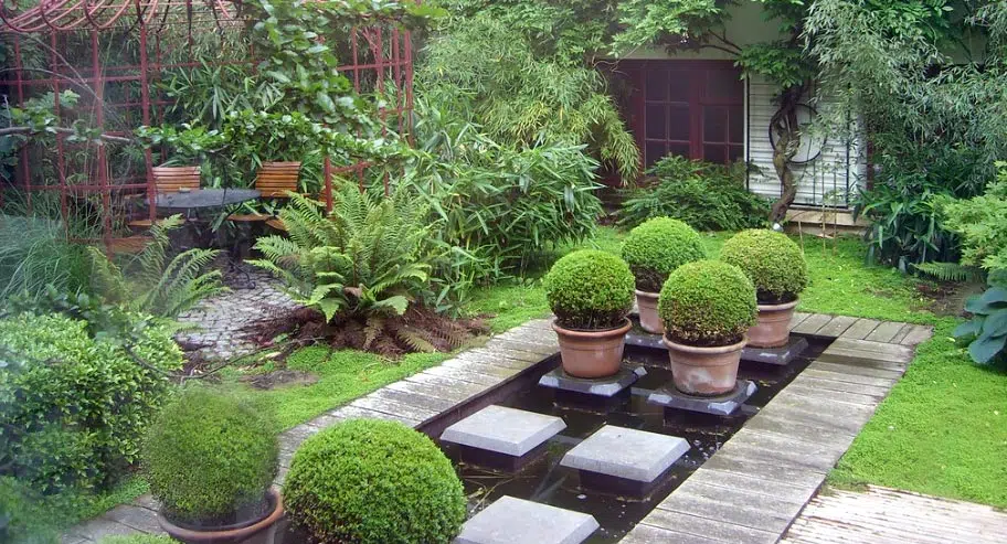 Jardin japonais autour d'une terrasse