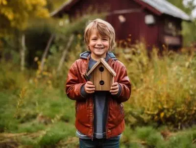 enfant avec un nichoir entre les mains