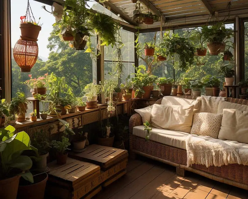 Jardin d'hiver avec beaucoup de plantes vertes.